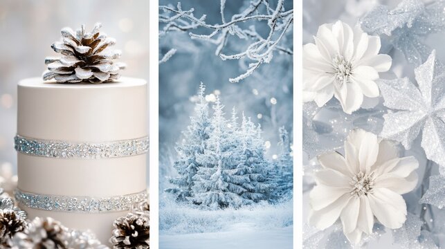 Winter wonderland cake, snowy forest, white flowers; holiday card design