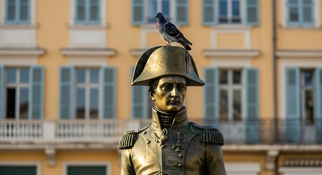 Bronze statue of Napoleon Bonaparte wearing a bicorne hat with a pigeon perched on top