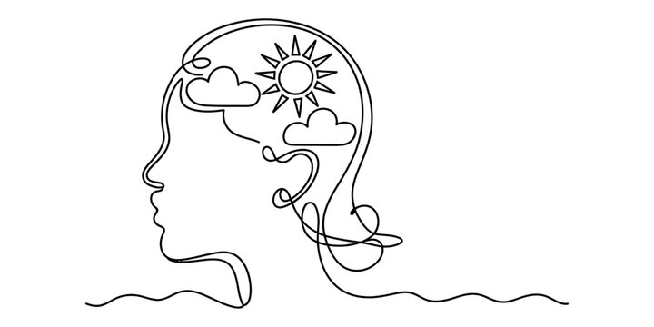 Minimalist one line art of a human profile showing a sunny and clear mind for wellness and peace.