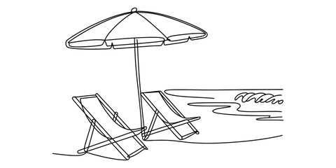 Minimalist one line drawing of two beach chairs under a large umbrella by the sea waves © Tona Drawing Gallery