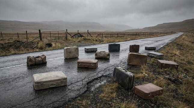 Vintage Suitcases Scattered on a Cracked Wet Rural Road Under a Gloomy Overcast Sky Evoking Abandonment and Mystery.