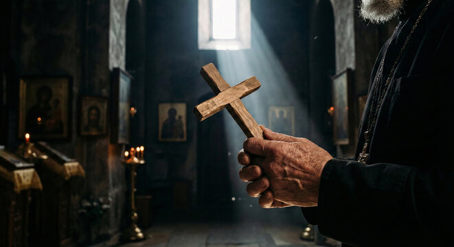 Elderly orthodox priest hands holding wooden cross in church interior sunbeam light candles icons stone walls black cassock spiritual symbol concept.