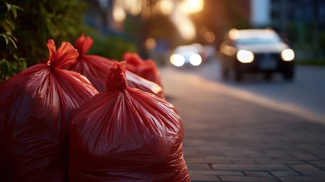 Close-up of tightly tied red trash bags piled on a sidewalk, subtle sunlight highlighting creases and textures, blurred urban street in the background, cinematic depth emphasizing