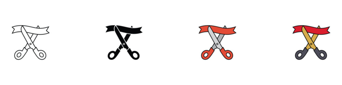 Ribbon cutting ceremony icon set with scissors. Grand opening inauguration and success celebration concept for business event. Vector Illustration.