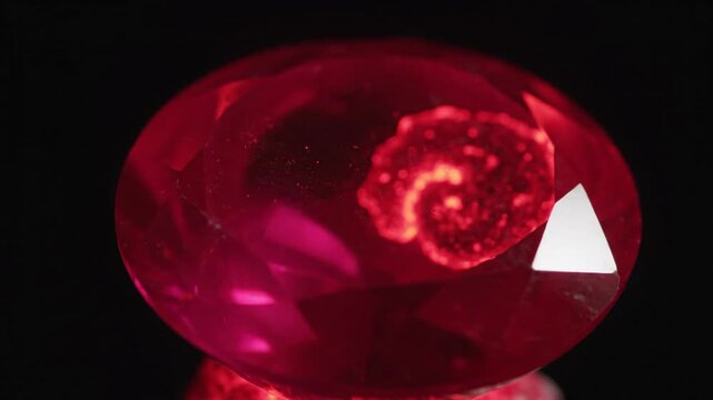 Close up of a vibrant red gemstone showing internal swirl