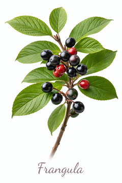 frangula alnus alder buckthorn medicinal plant with berries for herbal remedy and tea isolated on white background