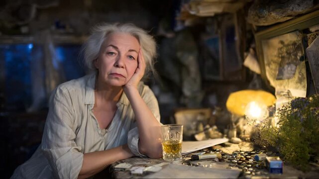 Dramatic evening composition of an elderly woman resting her forehead in her hand, glass of liquor nearby, cluttered table with scattered bottle caps, warm lamp glow contrasting wi