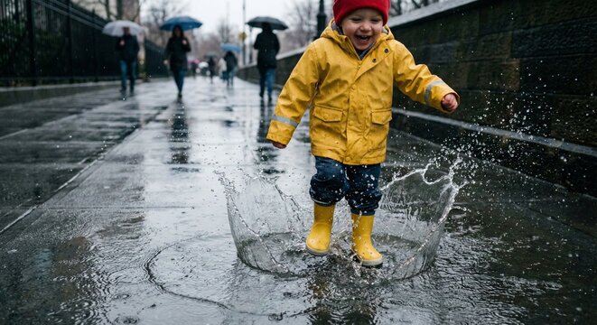 Excited toddler in yellow raincoat and boots jumping in rain puddle on city sidewalk with splashing water.