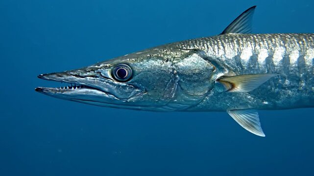 Barracuda swimming close up in the clear blue ocean