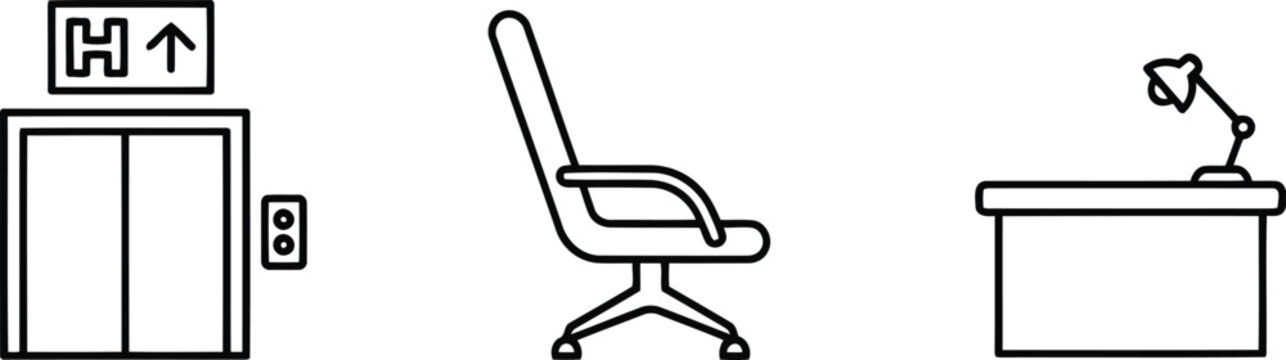 Vector of Hospital elevator chair and office desk vector icon set for medical facility interior design and wayfinding signs