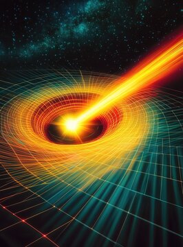 An illustration of a yellow laser beam being bent in the intense gravity field of a black hole's accretion disk,