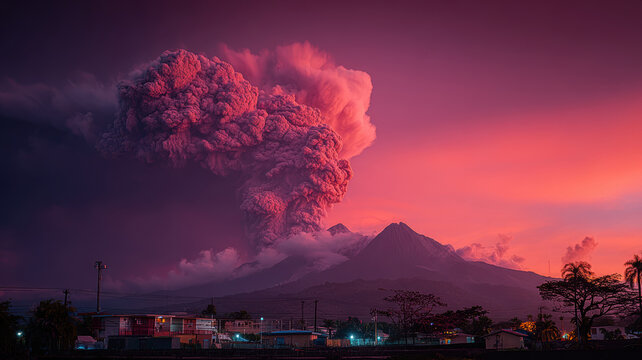 A dramatic scene of a volcano erupting, with a large plume of smoke rising from the top of the mountain against a backdrop of a fiery sky. At the bottom of the image.