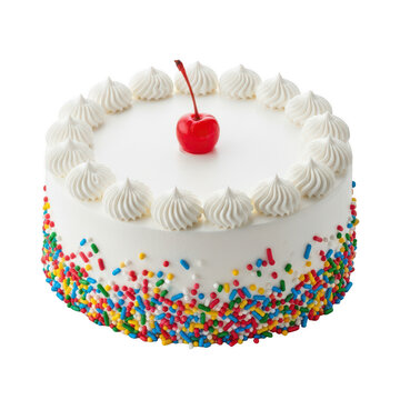 Delightful white frosted cake with colorful sprinkles and a cherry topping