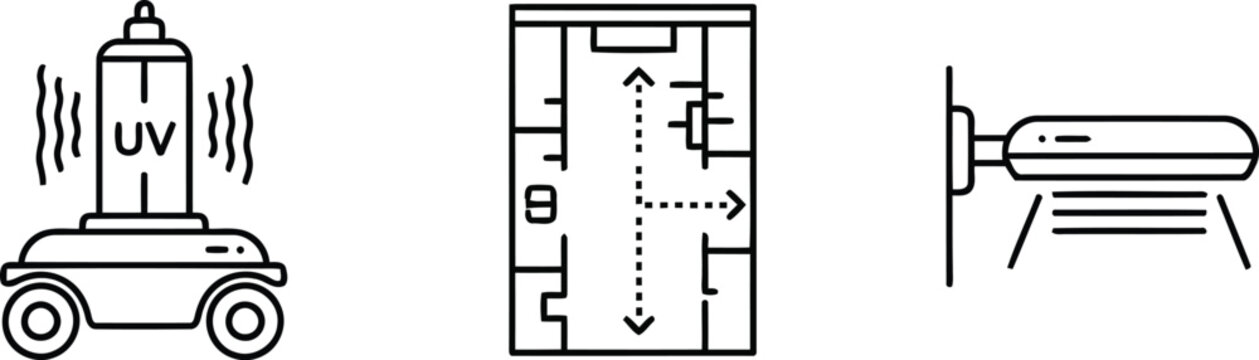 Vector of UV sterilization robot and building layout plan with hospital air purifier vector icons for facility safety