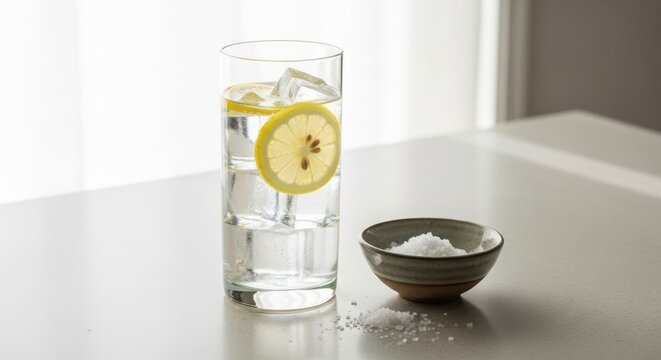 Glass of water with lemon slice and ice placed near a small ceramic bowl filled with white sea salt. Healthy beverage with electrolyte minerals. Hydration and wellness concept.
