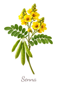 senna plant branch with yellow flowers and leaves isolated on white background