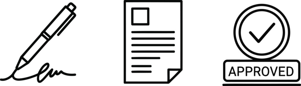 Vector of Business and administrative document icons including signature pen paper file and approved stamp symbol