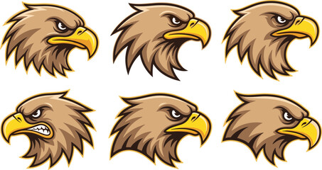 Fototapeta premium Eagle Head Mascot Illustration Set Featuring Aggressive Bird of Prey Faces with Sharp Beak Expressions Sports Logo Style Vector Collection.
