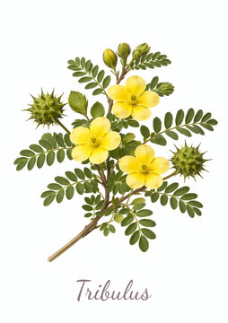 Flowering branch of Tribulus terrestris with prickly fruits and leaves isolated on white back