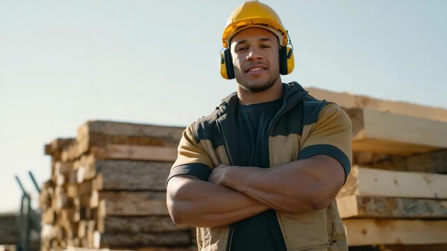 Dynamic side-profile image of a builder standing outdoors beside stacks of lumber, wearing protective helmet and ear protection, bright confident smile, sunlight creating dramatic