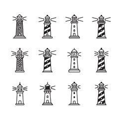Fototapeta premium Set of twelve diverse lighthouse illustrations in a clean modern line art style