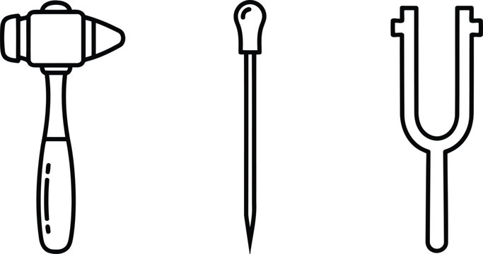 Vector of Medical diagnostic tools set featuring reflex hammer dropper pipette and metal tuning fork instrument