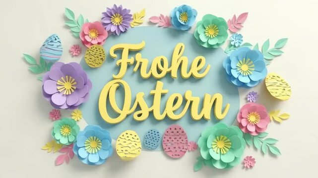 Paper floral easter wreath with "frohe ostern" yellow script on a blue oval. pastel paper flowers and decorative eggs arranged in a spring holiday greeting composition.
