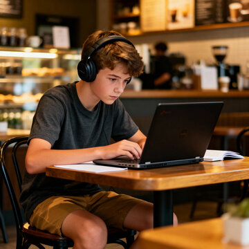 Focused teen boy with over-ear headphones intently typing on black laptop at wooden cafe table with notebooks, surrounded by warm cafe ambiance and blurred background