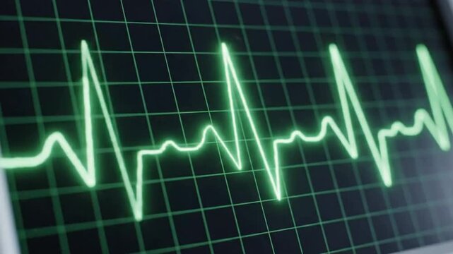 Ecg or ekg heart rhythm on monitor screen with green line on black grid background