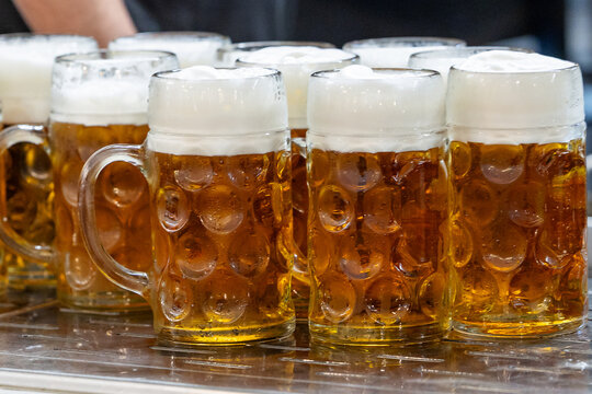 Mehrere mit Festbier gef&uuml;llte Ma&szlig;kr&uuml;ge aus Glas stehen im Ausschank bereit. 