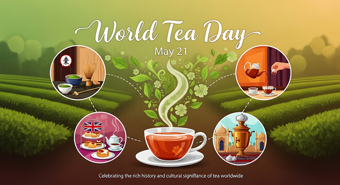 A vibrant illustration celebrating World Tea Day on May 21 with a steaming cup of tea surrounded by cultural tea traditions
