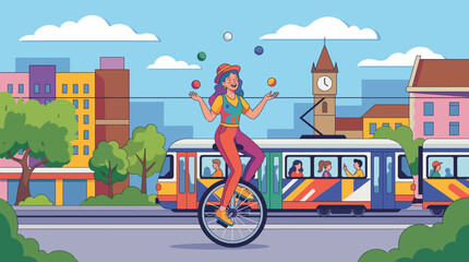 A skilled performer juggles colorful balls while riding a unicycle, set against a vibrant city backdrop, embodying talent, entertainment, and urban life. © Lvping