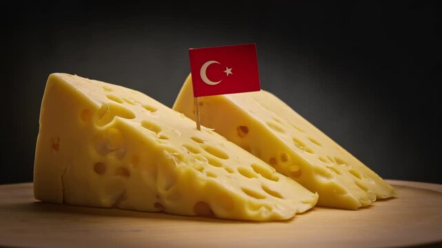 Expressive lighting of massive cheese chunks with classic holes, Turkey red flag on toothpick lends eastern charm.