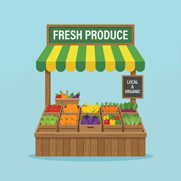 A bright, appealing fruit stand displays a variety of fresh produce including colorful vegetables and fruits, inviting customers to explore local and organic options.