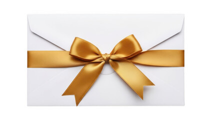 Fototapeta premium A classic white paper envelope decorated with a shiny golden ribbon bow for a festive occasion