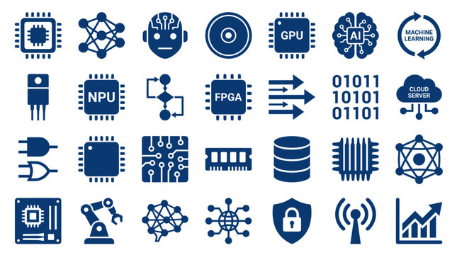 Collection of modern technology icons representing artificial intelligence machine learning computer hardware and data processing concepts