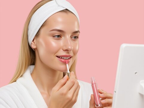 Young blonde woman applying pink lip gloss in a mirror. Female in white bathrobe doing morning beauty routine. Self care and cosmetics concept