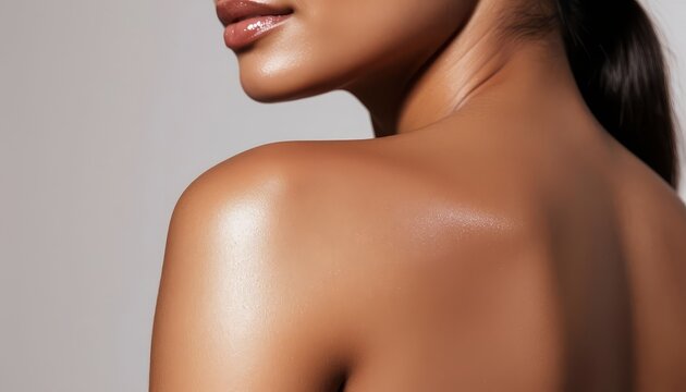 A woman with smooth, glowing skin is turned slightly, revealing her shoulder. The woman's radiant skin contrasts with the neutral background.