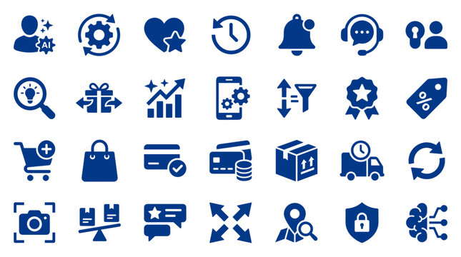 Modern business icons set representing digital marketing strategy, e commerce, customer service, analytics, and innovation on a clean background