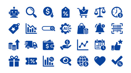 Fototapeta premium E commerce icons set for online shopping business and digital marketing concepts including shopping cart robot search analytics and finance