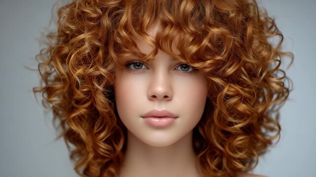 High-key white studio scene featuring a matte white mannequin head fitted with a warm caramel-brown wig, surrounding the face a dramatic cloud of frizzy, chaotic curls layered in t