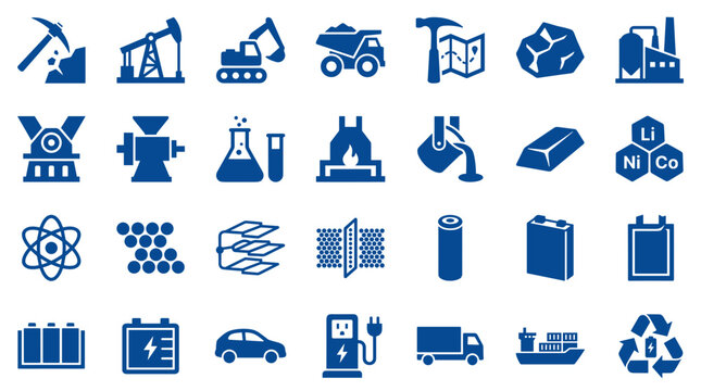 Industrial resources and technology icons depicting mining extraction manufacturing energy production and sustainable transport for a green economy concept