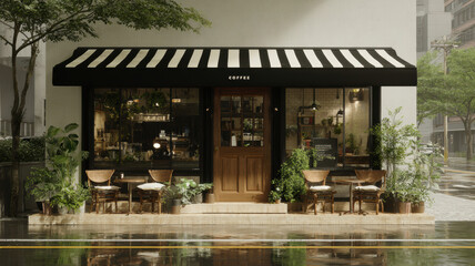 Obraz premium Spring Summer outdoor leisure relaxation activity. A detailed architectural rendering of a modern coffee shop with a black and white striped awning.
