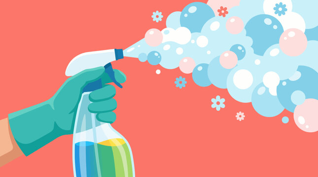 A hand holding a cleaning spray bottle releases bubbles, illustrating the importance of cleanliness and effective cleaning solutions for a healthy living environment.