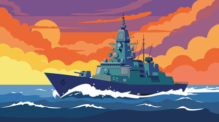 A dynamic illustration of a modern warship navigating through waves at sunset, symbolizing power and authority on the water while capturing the beauty of maritime adventures. © ddchuan