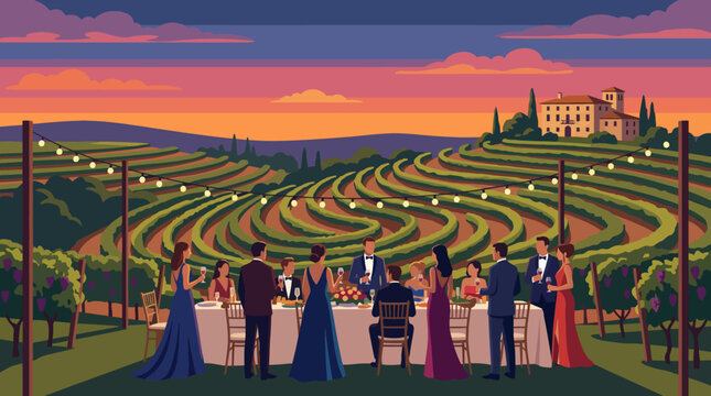 A beautifully set outdoor dinner party takes place among lush green vineyards at sunset, featuring elegantly dressed guests enjoying food and drink in a serene atmosphere.