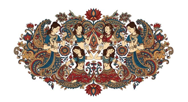 Kamasutra cultural concept with traditional Indian miniature painting style, symbolic romantic poses shown artistically, ornate patterns and rich colors, high-detail illustration, 