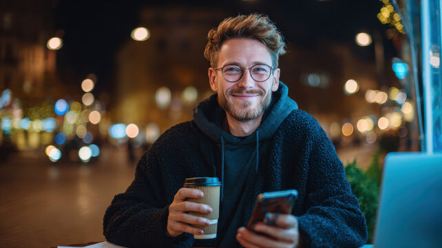 Spring Summer outdoor leisure relaxation activity. A nighttime portrait of a man seated at a table, illuminated by the warm glow of city lights. He wears a dark.