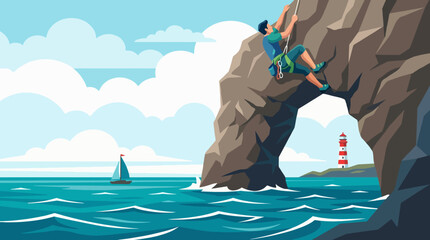 This breathtaking image captures a climber scaling a rocky cliff overlooking the ocean, highlighting adventure, determination, and the beauty of nature in outdoor sports. © Dachuan