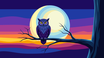 This striking image depicts an owl perched on a tree branch under a full moon, symbolizing wisdom, mystery, and the beauty of the night sky and nature's nocturnal essence. © Dachuan